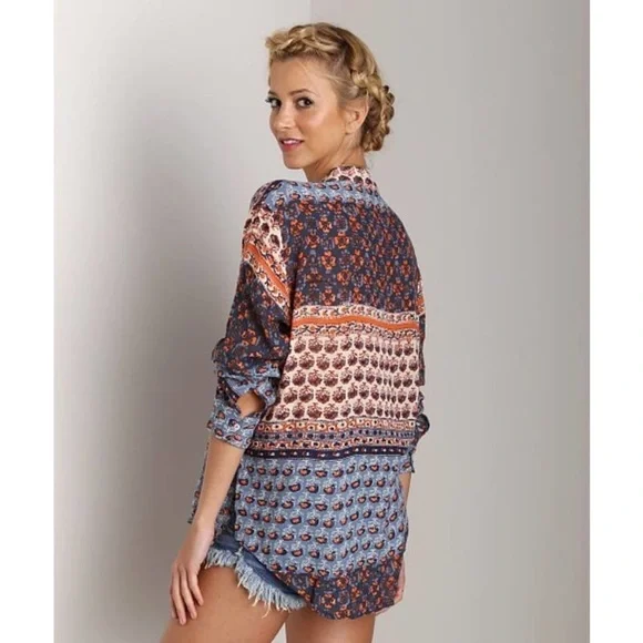 Free People Caravan Floral Button Patchwork Boho Rayon Top XS - Picture 4 of 12